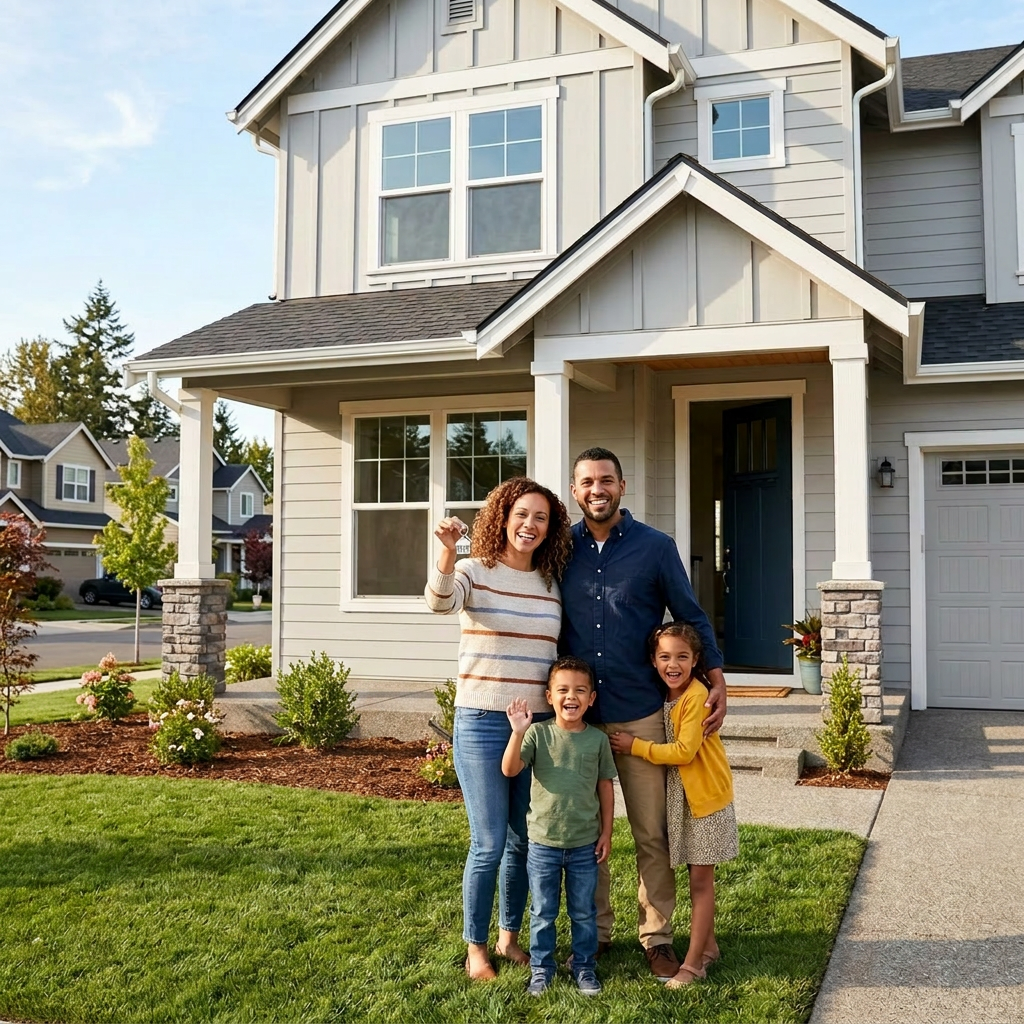 Family of four smiling and grateful for honest mortgage assistance